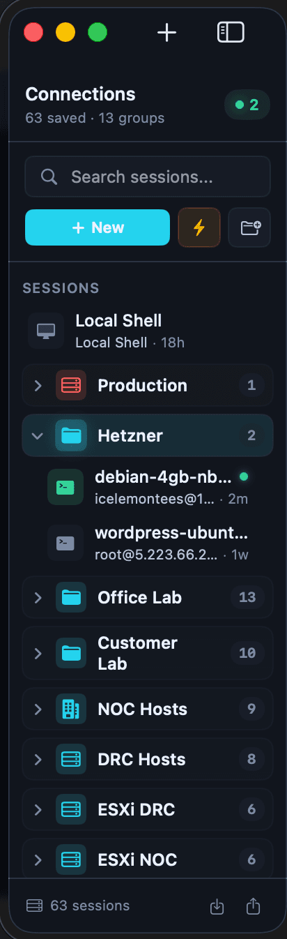 Saved SSH sessions and server folders in the macXterm macOS SSH client
